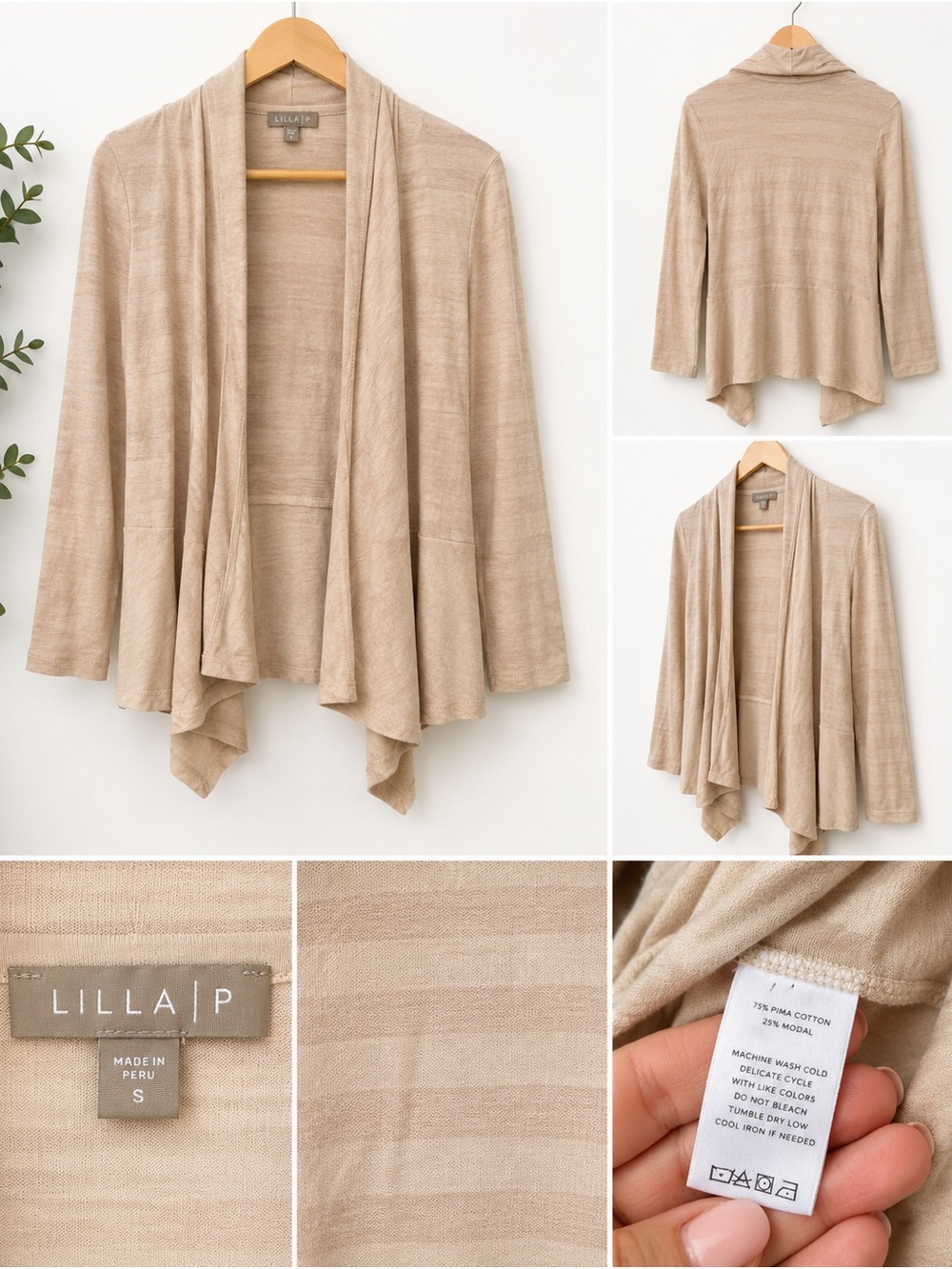 Lilla P Open-Front Draped Cardigan in Light Beige